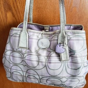 Coach Lilac & Gold plaid w/signature logo handbag.
